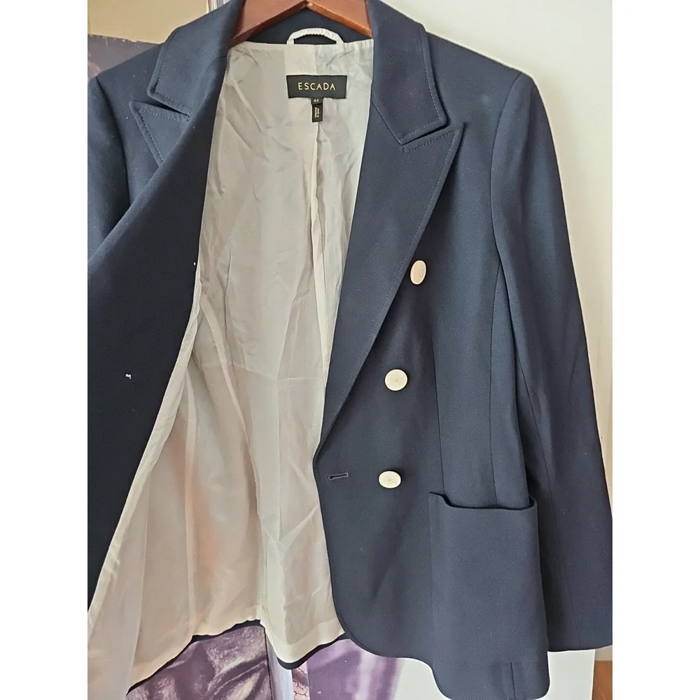 Escada Navy Blue Double Breasted BEVEN Viscose Blend Blazer Size 42 YJ01 - Picture 7 of 9